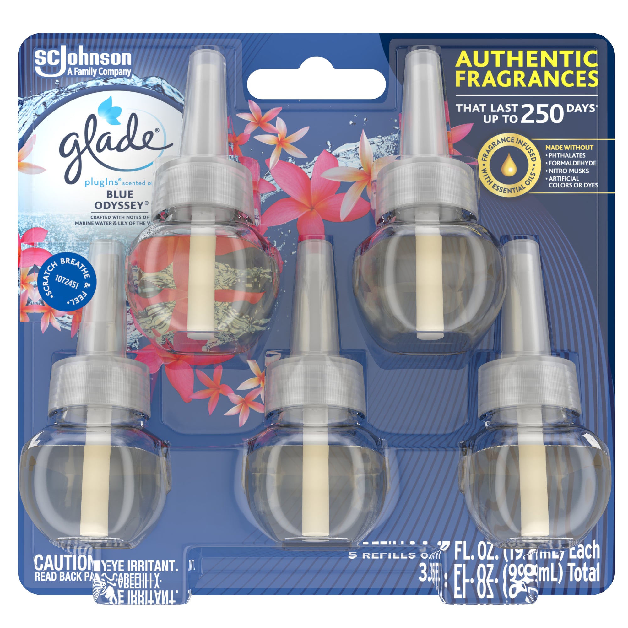 PlugIns Refill 5 CT, Blue Odyssey, 3.35 FL. OZ. Total, Scented Oil Air Freshener Infused with Essential Oils
